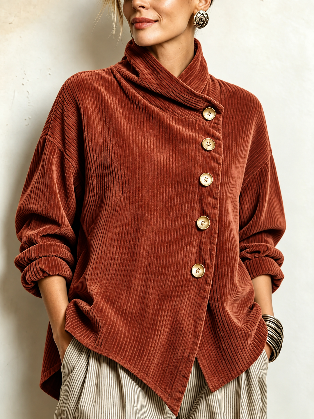 Olivia corduroy button-up top in Terracotta