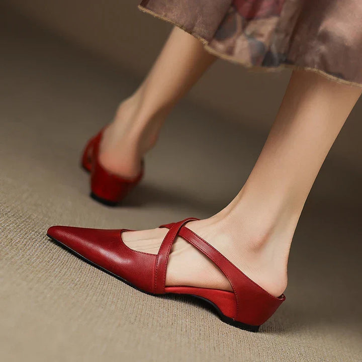 Aluna | Genuine Leather Cross-Strap Pointed Mules
