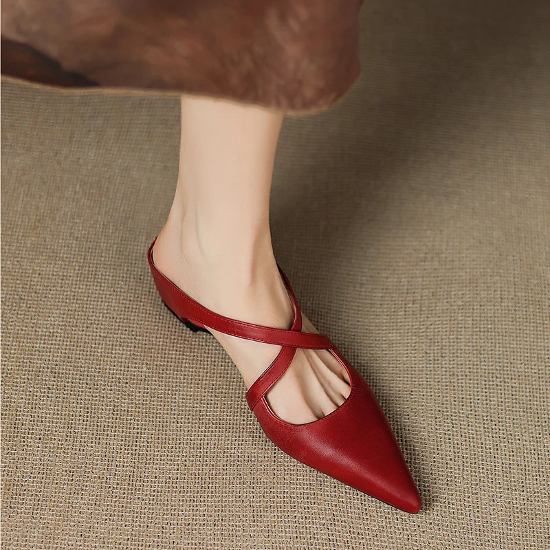Aluna | Genuine Leather Cross-Strap Pointed Mules