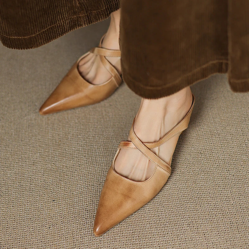 Aluna | Genuine Leather Cross-Strap Pointed Mules