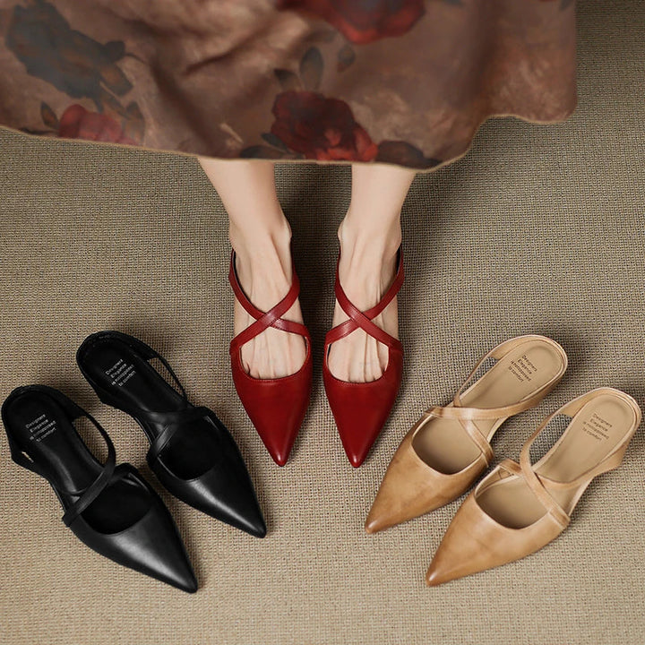 Aluna | Genuine Leather Cross-Strap Pointed Mules
