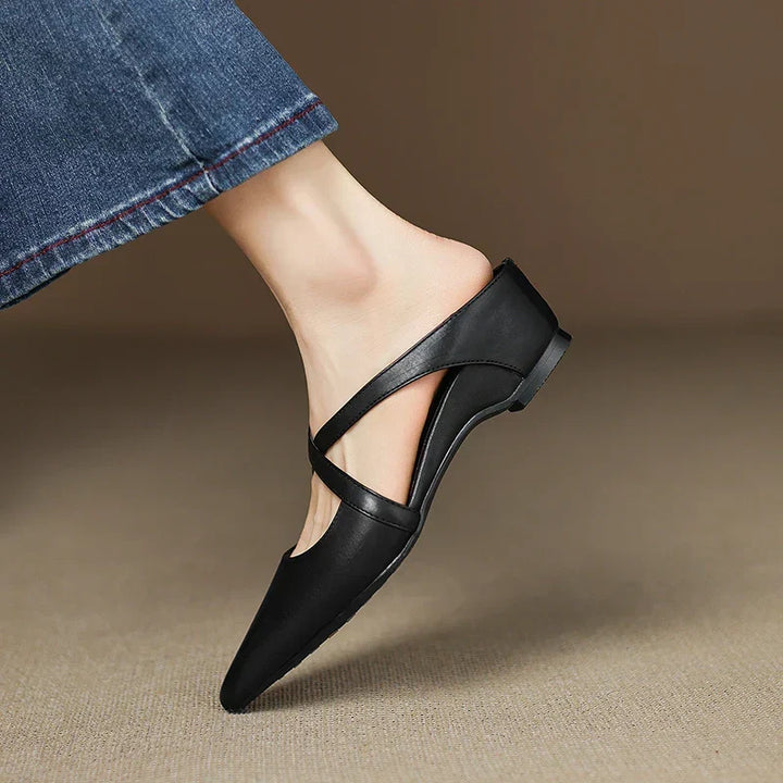 Aluna | Genuine Leather Cross-Strap Pointed Mules