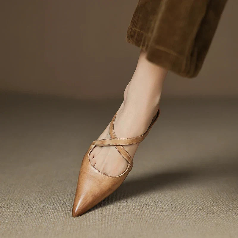 Aluna | Genuine Leather Cross-Strap Pointed Mules
