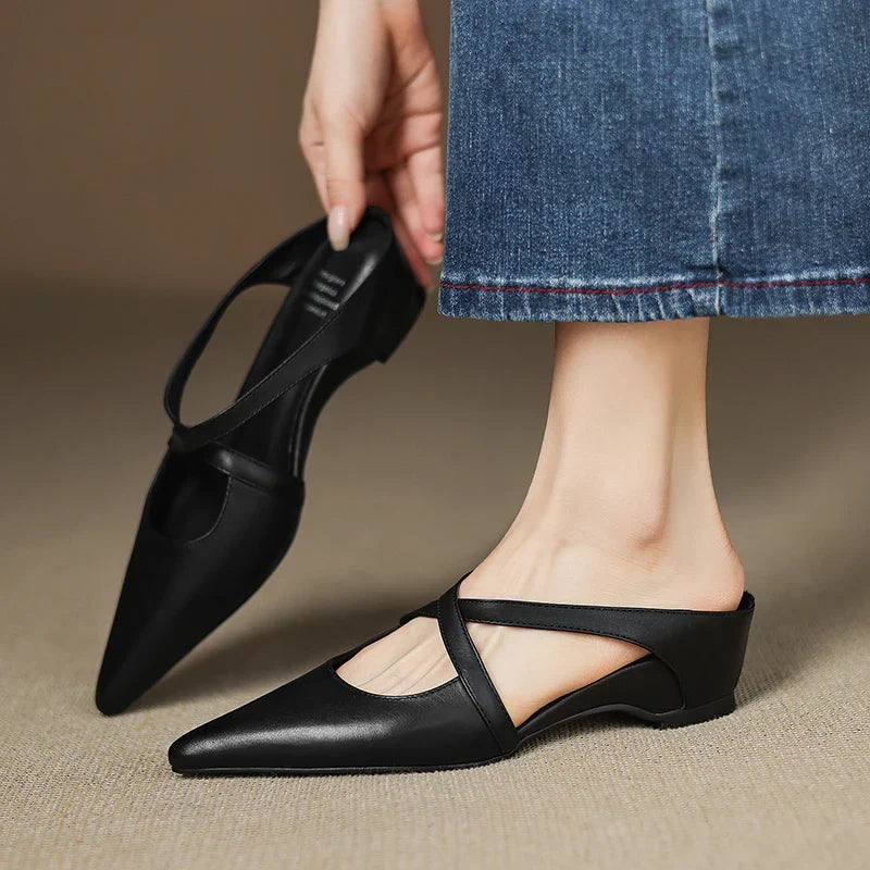 Aluna | Genuine Leather Cross-Strap Pointed Mules