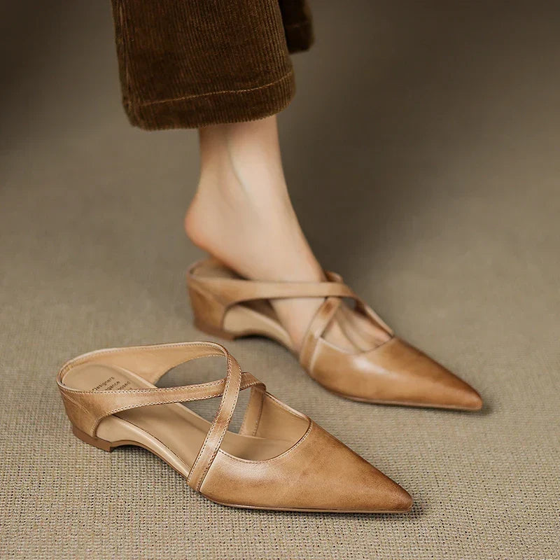 Aluna | Genuine Leather Cross-Strap Pointed Mules