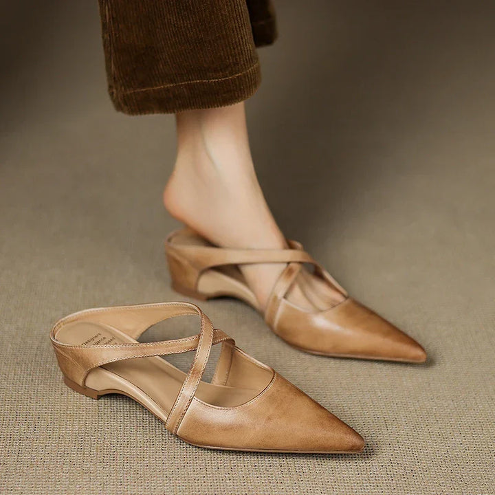 Aluna | Genuine Leather Cross-Strap Pointed Mules