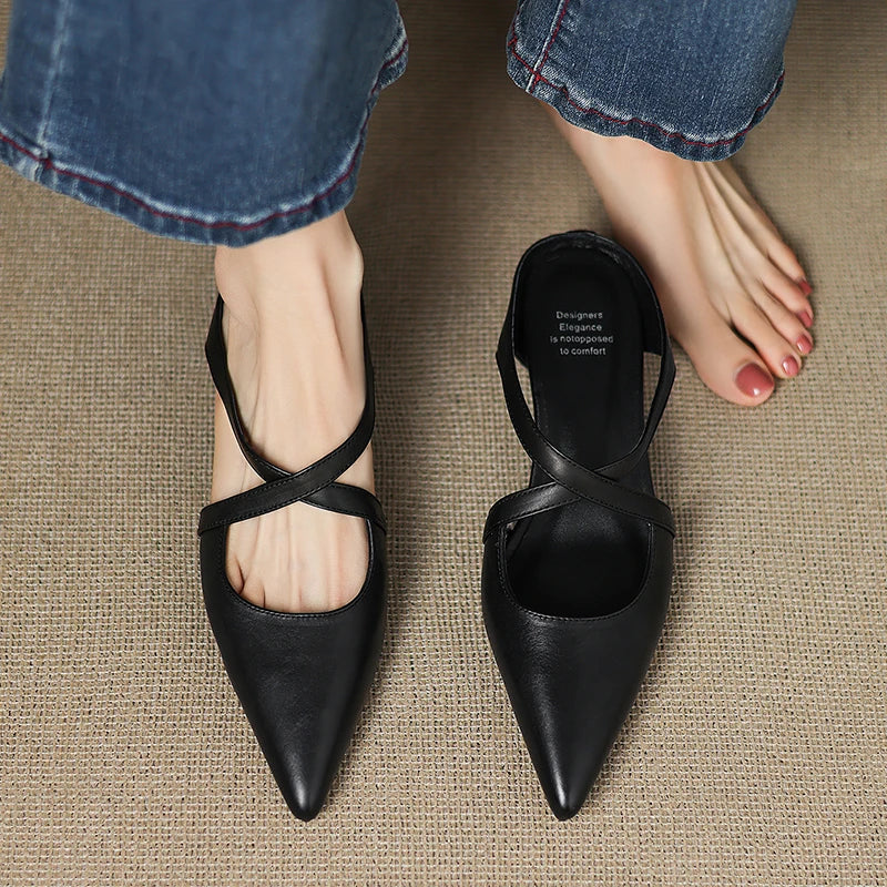 Aluna | Genuine Leather Cross-Strap Pointed Mules