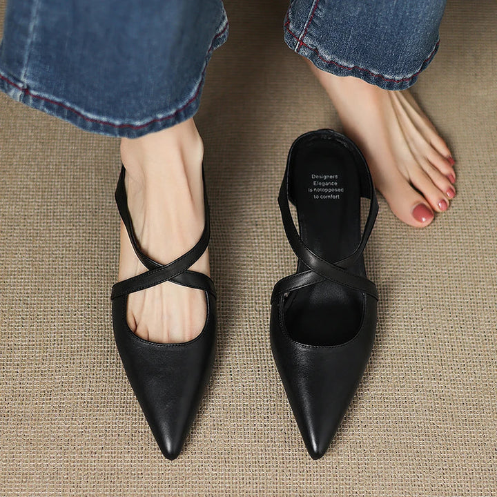 Aluna | Genuine Leather Cross-Strap Pointed Mules