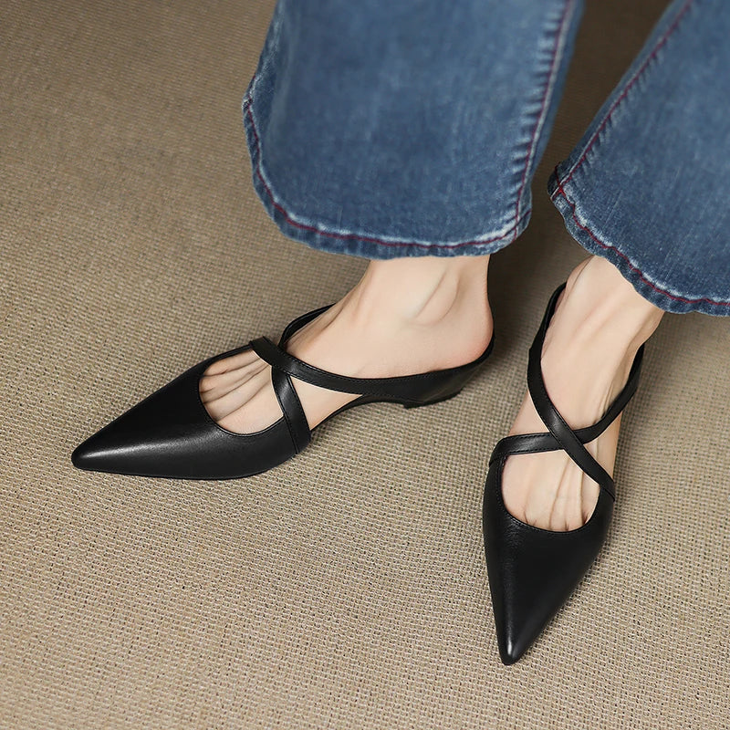 Aluna | Genuine Leather Cross-Strap Pointed Mules