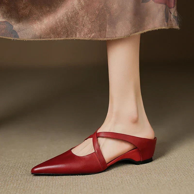 Aluna | Genuine Leather Cross-Strap Pointed Mules