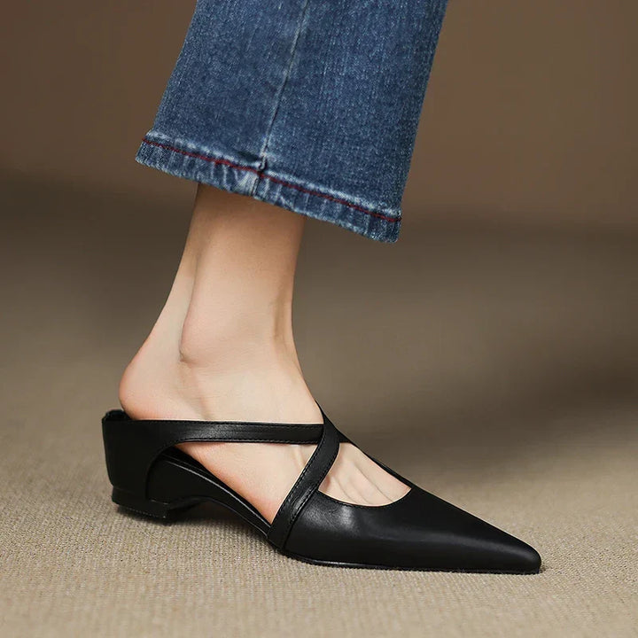Aluna | Genuine Leather Cross-Strap Pointed Mules