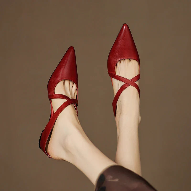 Aluna | Genuine Leather Cross-Strap Pointed Mules
