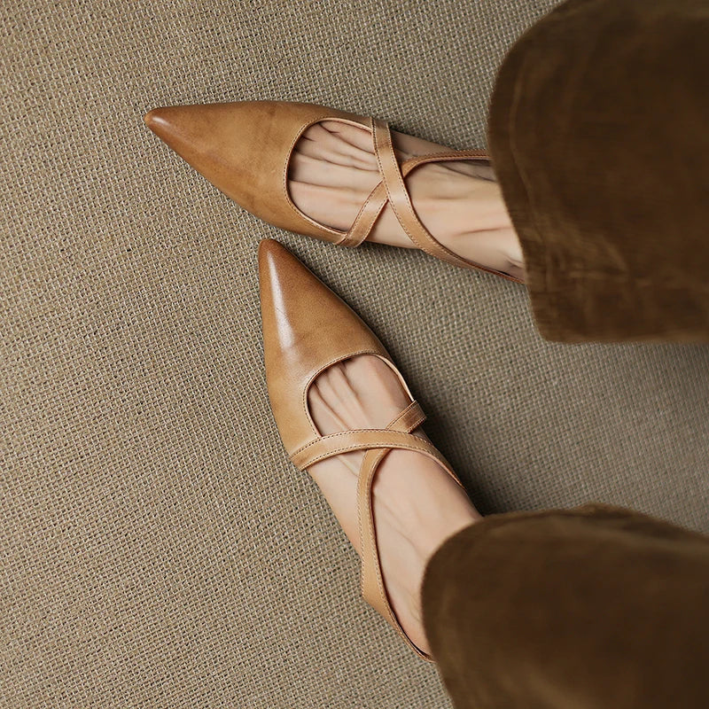 Aluna | Genuine Leather Cross-Strap Pointed Mules