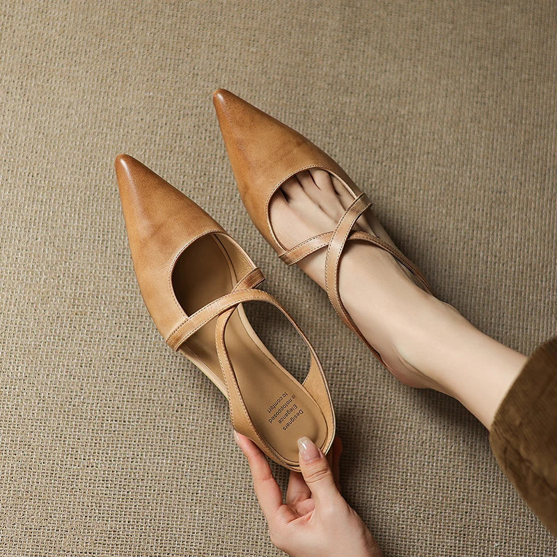 Aluna | Genuine Leather Cross-Strap Pointed Mules