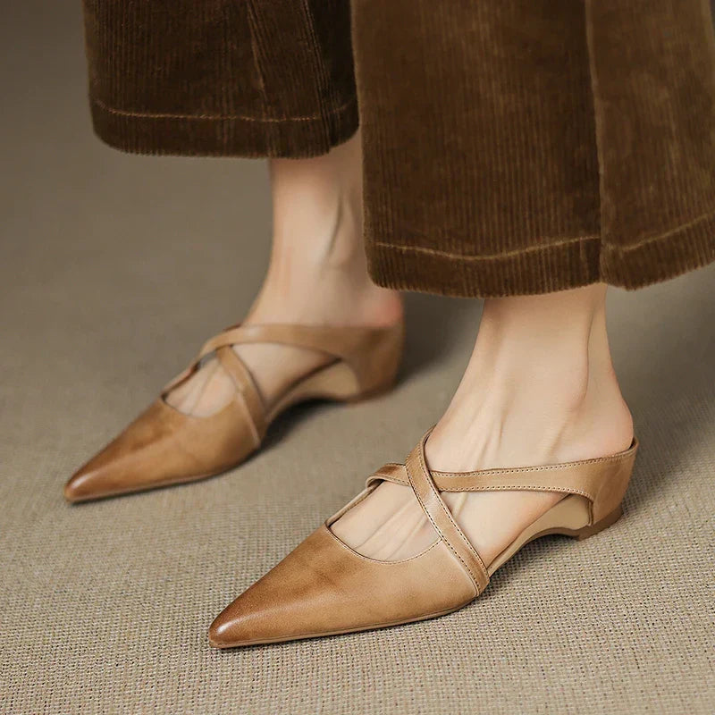 Aluna | Genuine Leather Cross-Strap Pointed Mules
