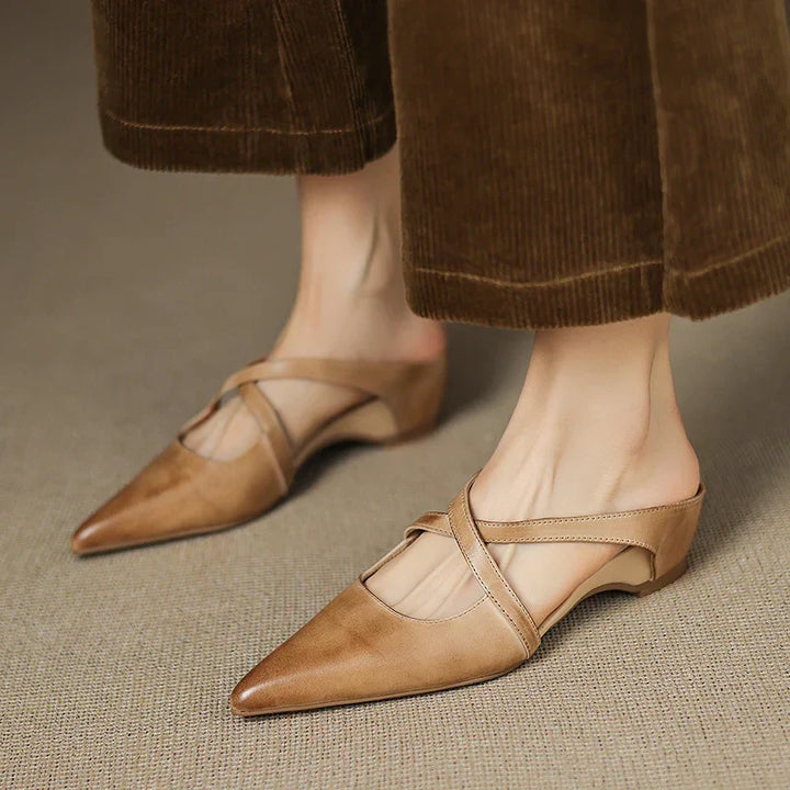Aluna | Genuine Leather Cross-Strap Pointed Mules
