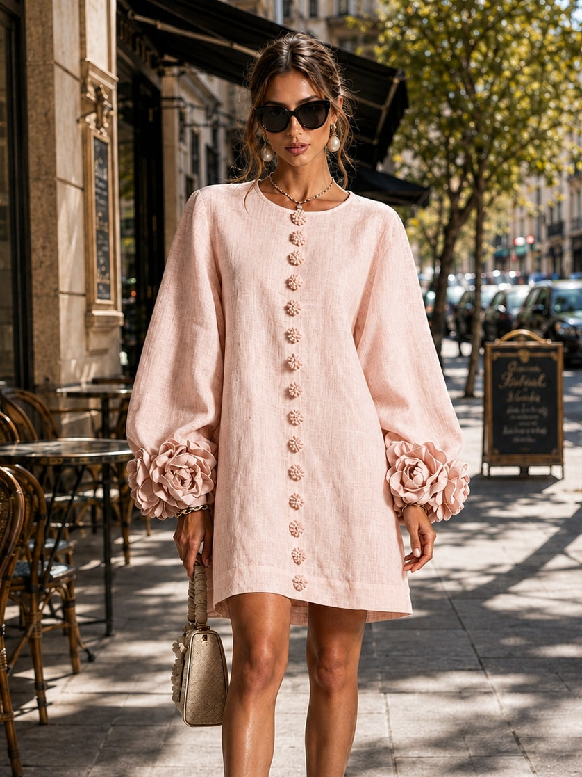 Josephine | Flower Button Long-Sleeve Dress