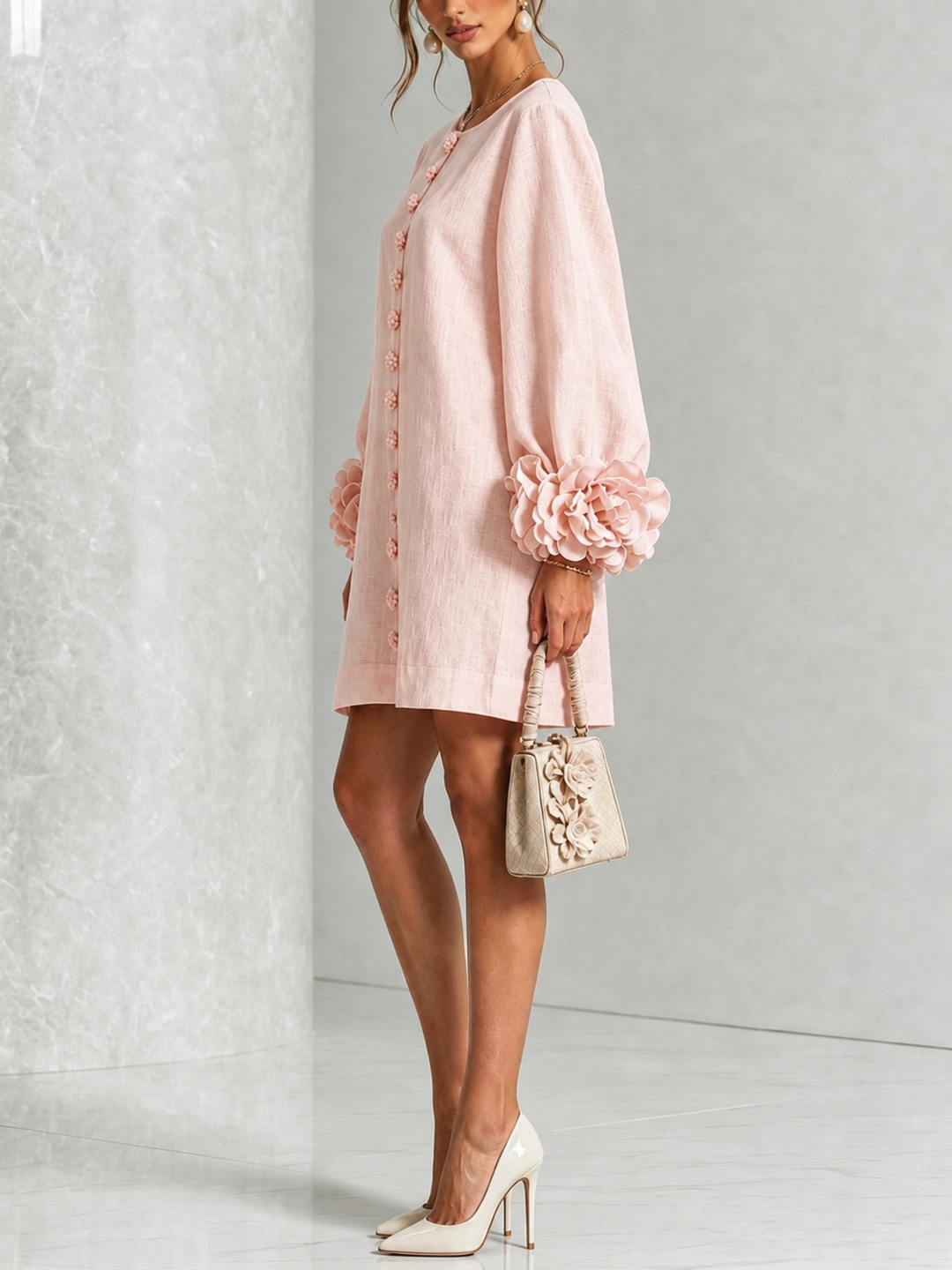 Josephine | Flower Button Long-Sleeve Dress