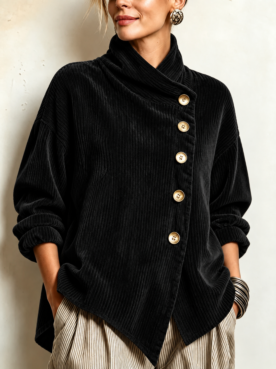 Olivia corduroy button-up top in Black