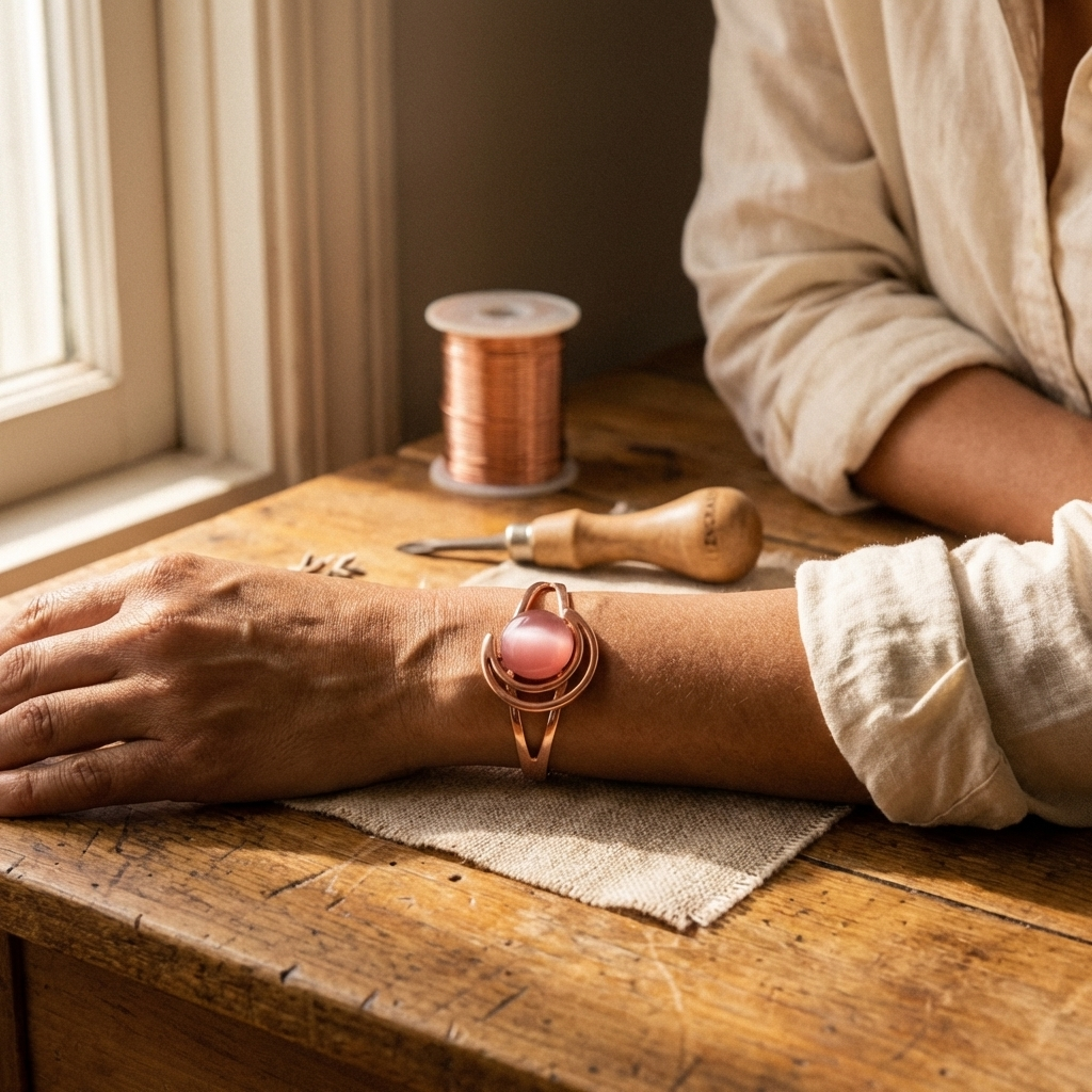 Sphere | Pink Stone Copper Cuff