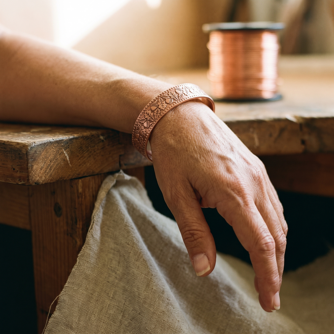 Timber | Nut and Leaf Stamped Copper Bangle