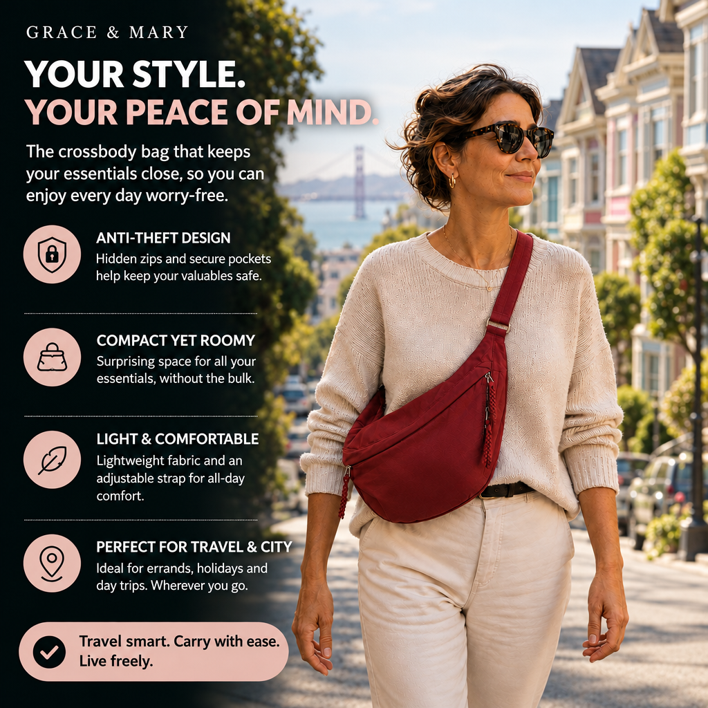 Elena | Anti-Theft Crossbody Bag - Bordeaux - features