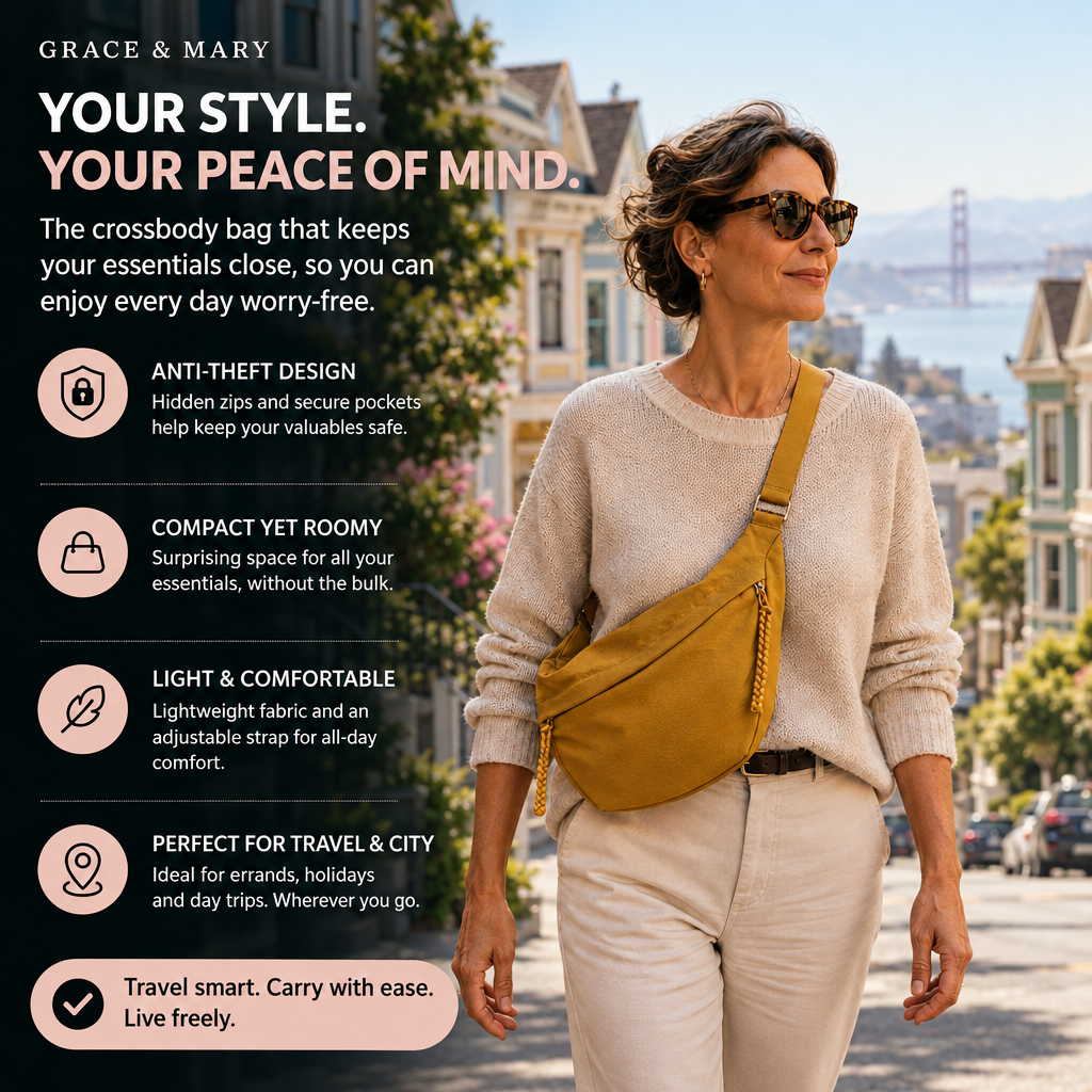 Elena | Anti-Theft Crossbody Bag - Ochre - features
