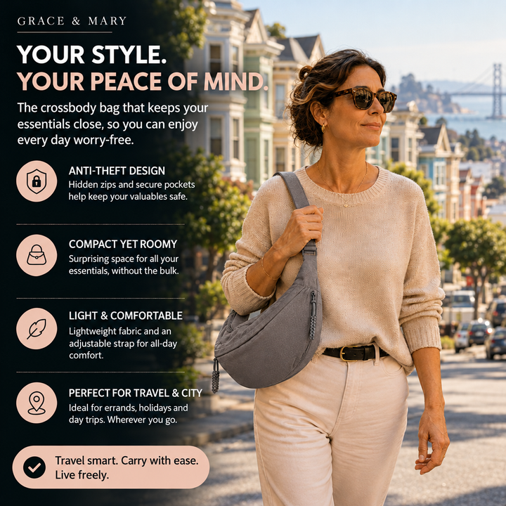 Elena | Anti-Theft Crossbody Bag - Grey - features